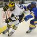 Michigan freshman Alex Guptill works the puck along the boards as Lake Superior State freshman Chris Ciotti reaches in during the second period at Yost Arena on Friday night. Melanie Maxwell I AnnArbor.com